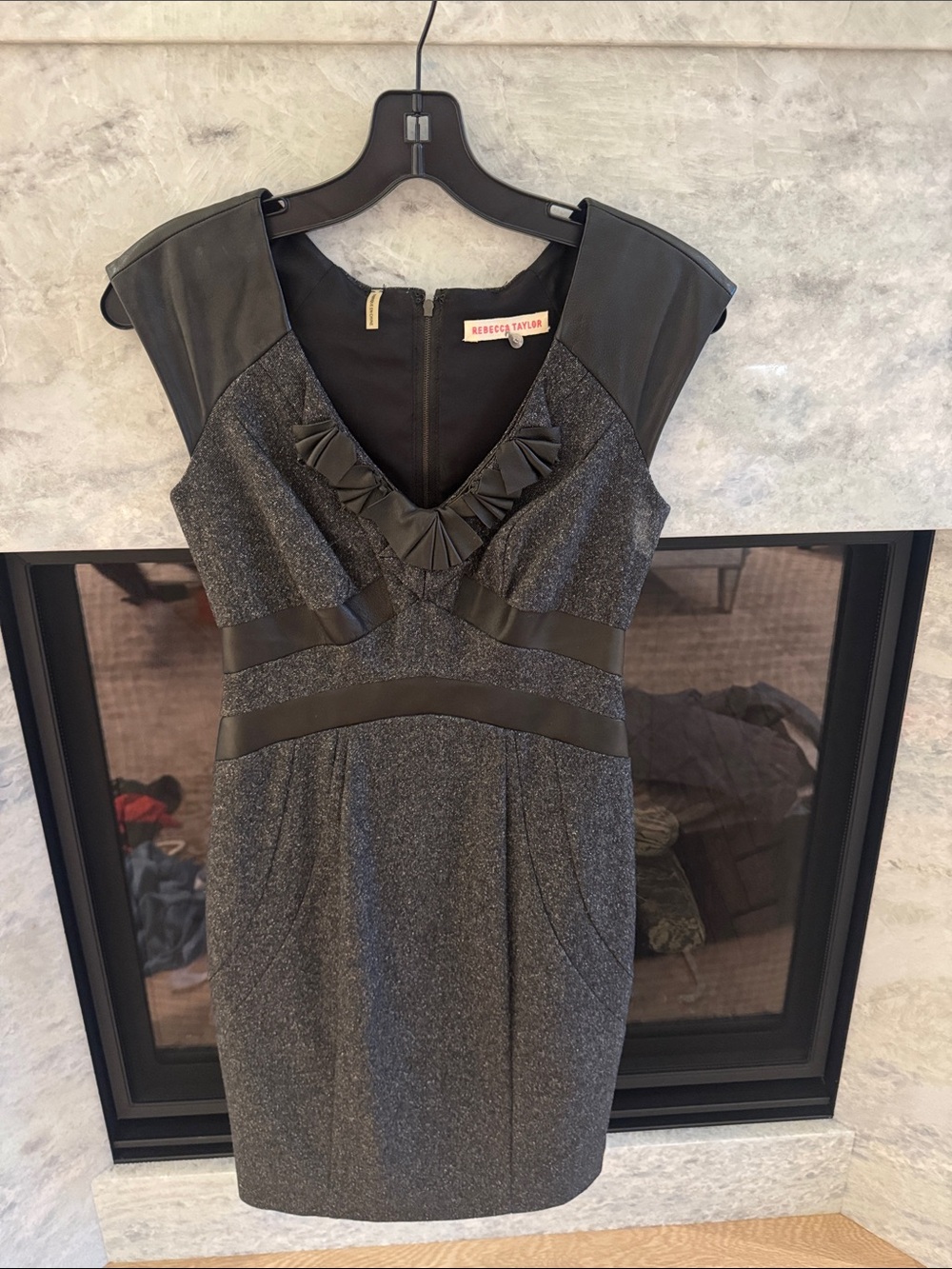 Rebecca Taylor Gray & Black Ruffle V-Neck Sheath Dress
